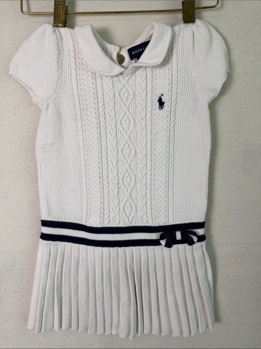Baby Girl Ralph Lauren White Cable Knit Polo Dress with Navy Stripes